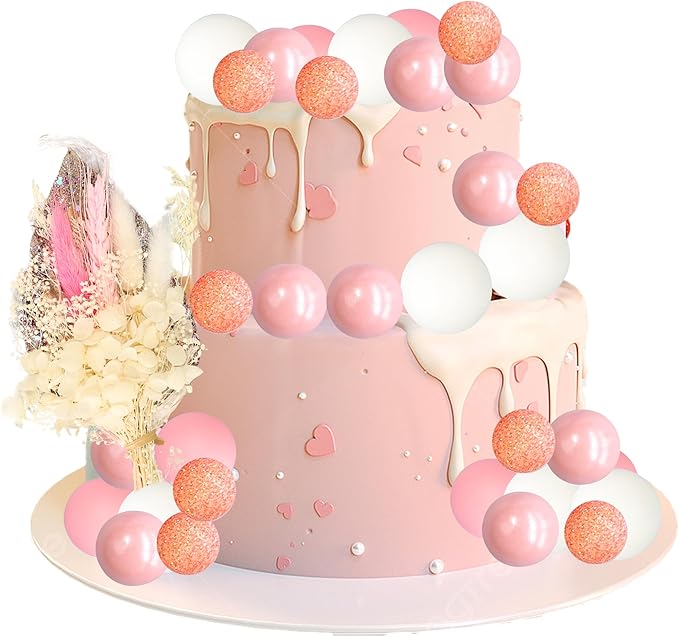 Gyufise 21 Pack Flower Boho Cake Topper Ball Cake Decorations Palm Leaves Plants Cake Decor for Girl Bohemian Princess Theme Wedding Baby Shower Birthday Party Supplies Pink White