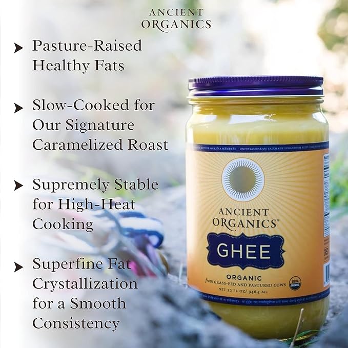 Ancient Organics Ghee, Organic Grass Fed Gluten Free Clarified Ghee Butter with Vitamins & Omegas, Lactose Free, 100% Certified Organic, Kosher, USDA Certified, Made in USA - 16 Fl Oz (Pack of 3)