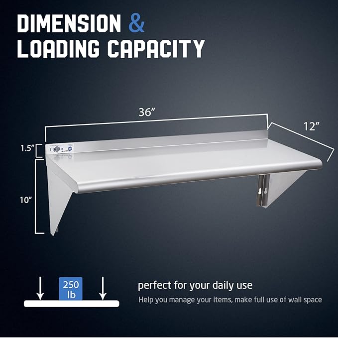 Profeeshaw NSF Stainless Steel Shelf 12” x 36”, 250 lb Commercial Shelves Wall Mounted Metal Shelving with Backsplash and 2 Brackets for Restaurant, Bar, Utility Room, Kitchen and Garage