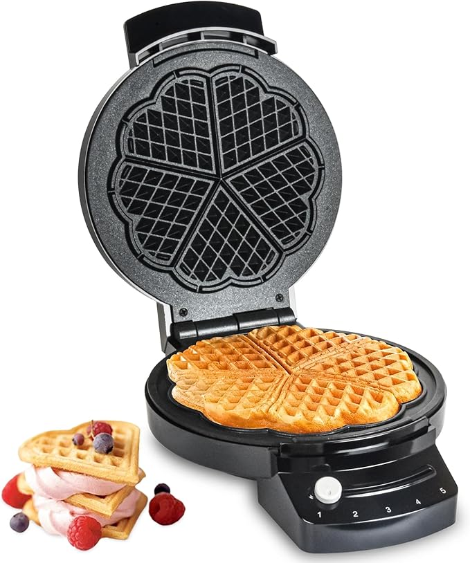Electric Heart-shape Waffle Maker: 5-Temp Control & Fast Heating - Black round Shape with Non-Stick Scratch-Resistant Coating for Belgian Waffles（Single-plate）