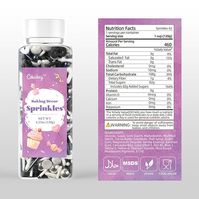 Black and White Heart Sprinkles for Cake Decorating 4.23ounce - Sugar Mix Contains Heart & Silver Pearl Sprinkles for Cupcake Toppers, Ice Cream, Candy, Cookie Decorations - Holiday Party Supplies