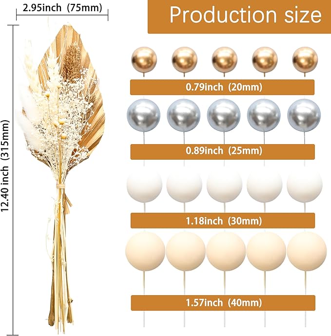 Gyufise 21 Pack Flower Boho Cake Topper Ball Cake Decorations Palm Leaves Plants Cake Decor for Girl Bohemian Princess Theme Wedding Baby Shower Birthday Party Supplies Gold White