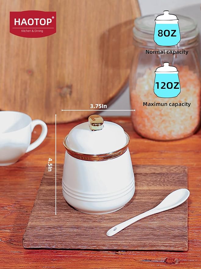 HAOTOP 12oz Sugar Bowl with Lid and Spoon,Simple Ceramic Sugar Jar Sugar Container Sugar Dispenser Coffee Bar Accessories, Modern Kitchen Countertop Canisters, White
