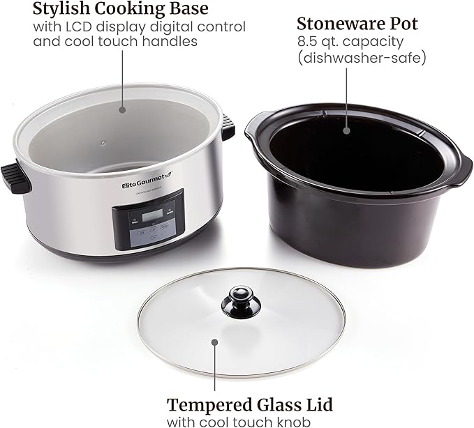 Elite Gourmet MST-900D 8.5Qt Digital Programmable XL Jumbo Slow Cooker, Adjustable Temp, Entrees, Sauces, Stews & Dips, Dishwasher Safe Glass Lid & Crock, Stainless Steel