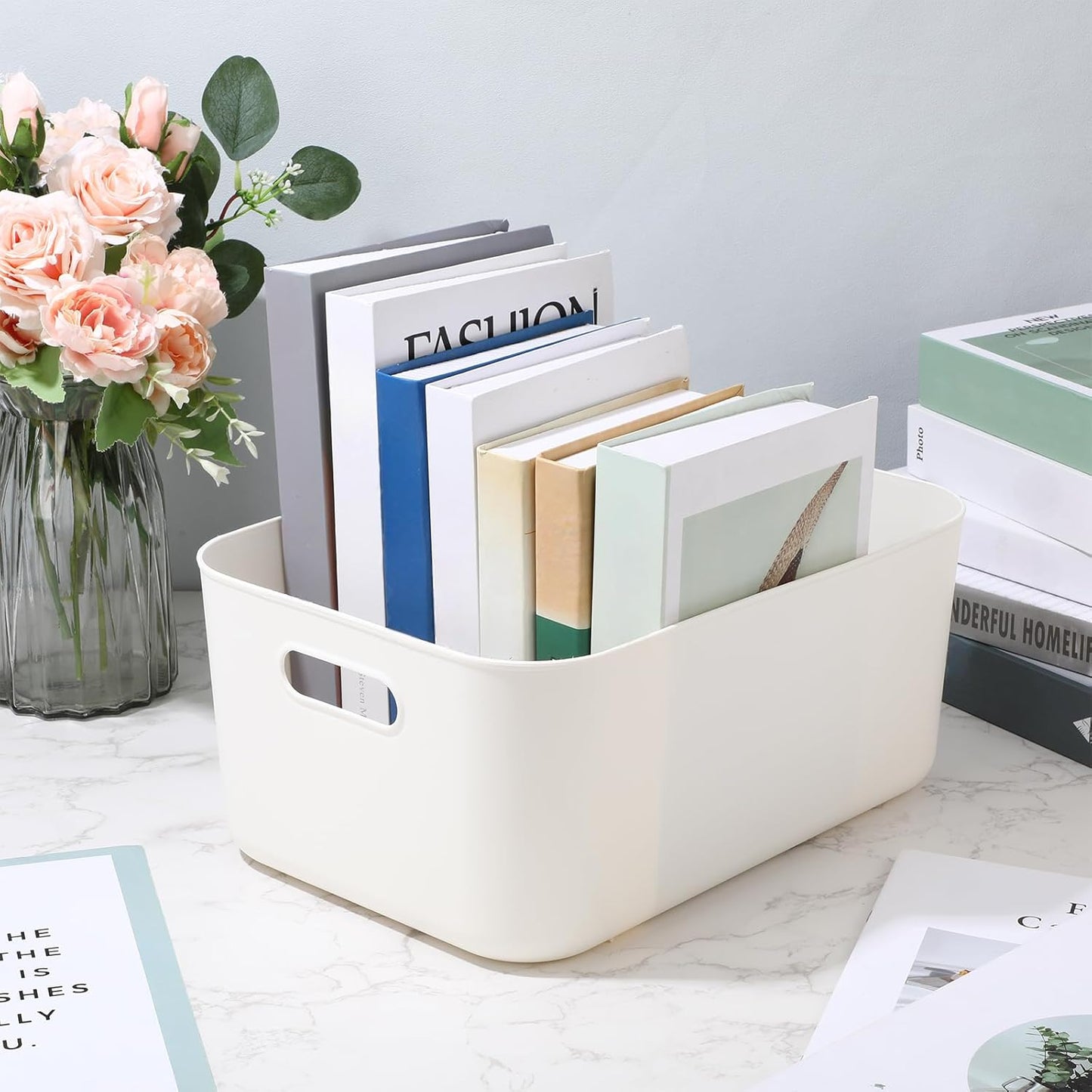 Zopeal Plastic Storage Bins 10 Pcs White Pantry Organizer Bins Small Baskets Storage Containers for Home Kitchen (14 x 10.5 x 6.4 Inch)