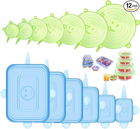 Silicone Stretch Lids, 12 Pack Silicone Lids, 6 Sizes BPA-free Silicone Bowl Covers Reusable for Cups, Bowls and Dish, Flexible, Round and Rectangle Fit 2.8” - 8.2” Container, Green & Blue