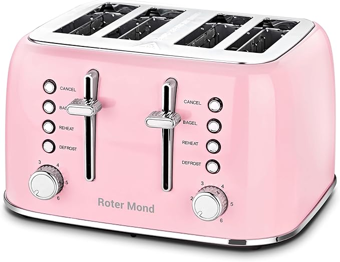 Toaster 4 Slice Retro Stainless Steel with Extra Wide Slots Bagel, Defrost, Reheat Function, Dual Independent Control Panel, Removable Crumb Tray, 6 Browning Levels, Pink