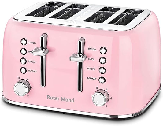Toaster 4 Slice Retro Stainless Steel with Extra Wide Slots Bagel, Defrost, Reheat Function, Dual Independent Control Panel, Removable Crumb Tray, 6 Browning Levels, Pink