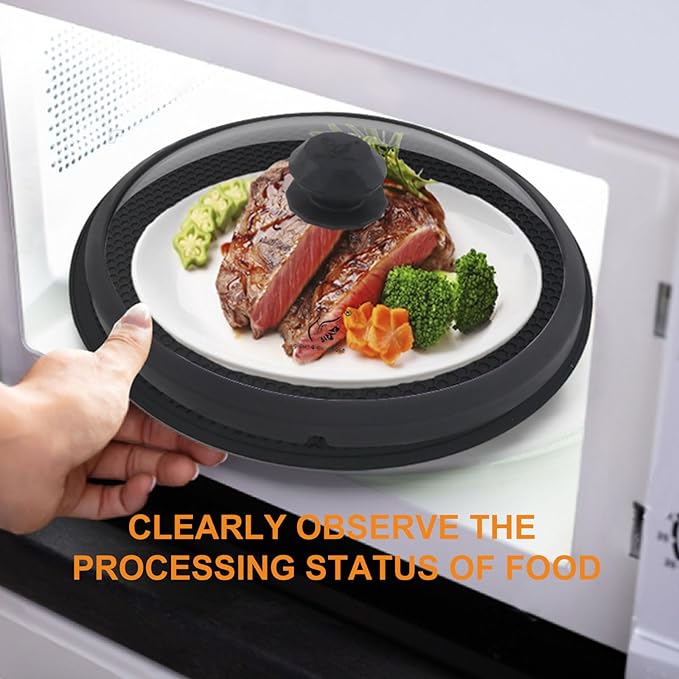 Glass Microwave Cover for Food 10.5 Inch Microwave Splatter Cover With Easy Grip Diamond Shape Handle Microwave Cover Glass Guard Lid Vented Edge Plate Cover for Heating Food (Black)