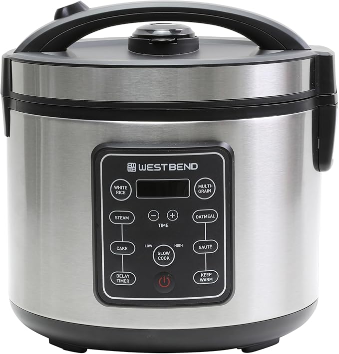 West Bend Rice & Grain Multi Cooker Programmable with 9 Preset Functions, Features Delay Start and Keep Warm Functions and Steam Basket, 20 Cups Cooked, Stainless Steel