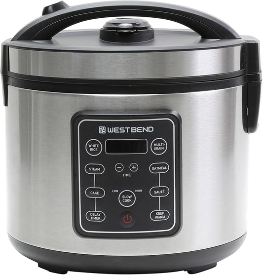 West Bend Rice & Grain Multi Cooker Programmable with 9 Preset Functions, Features Delay Start and Keep Warm Functions and Steam Basket, 20 Cups Cooked, Stainless Steel