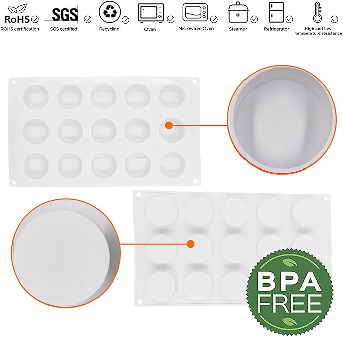 OCPO Kitchen 3D Round Cylinder Silicone Mold for Baking Mousse Cake, Candy, Pastry, Chocolate, Cupcake, Cookie, Cake Decoration Mold, Round Shape (15-Cavity)