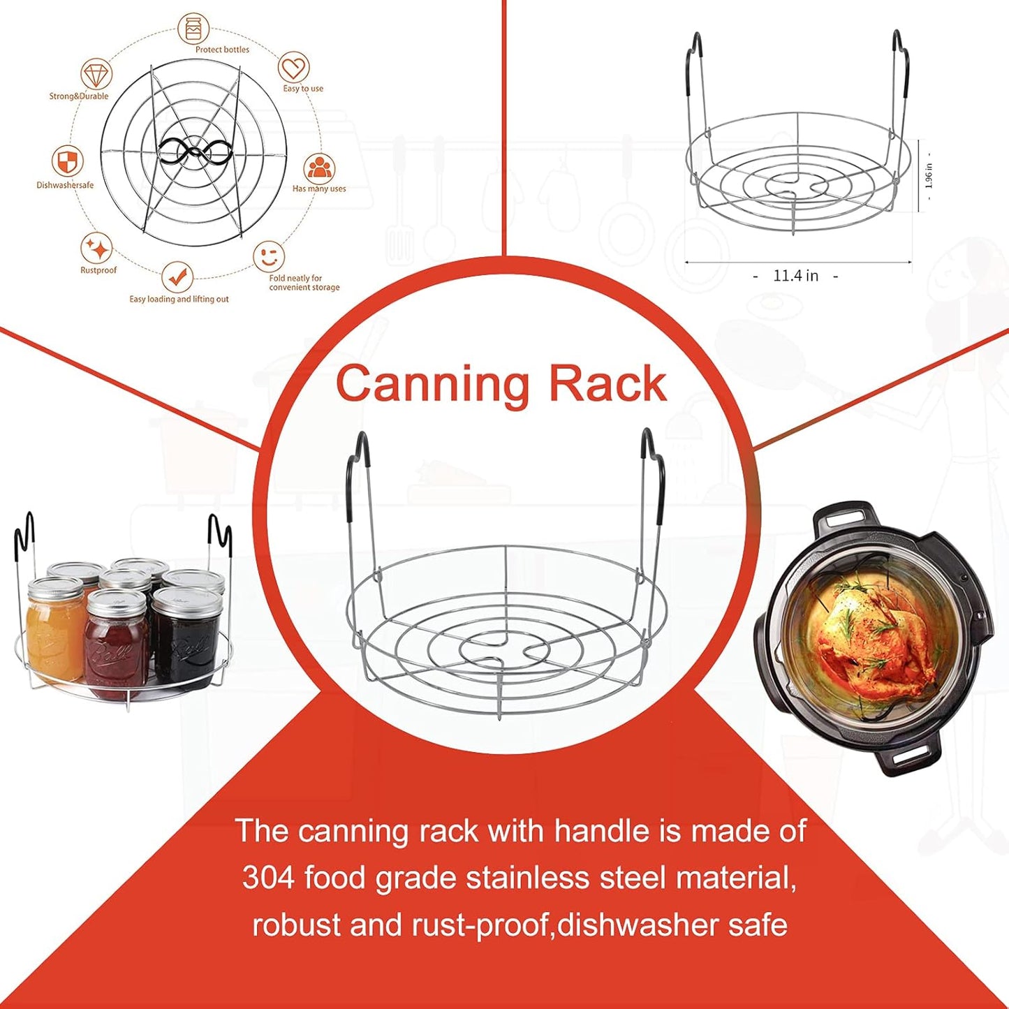 Canning Kit - Canning Supplies 9-Piece丨430 Stainless Steel Rack,Funnel,Jar Lifter,Jar Wrench,Lid Lifter,Tongs,Spoon,Cleaning Brush/Bubble Remover Tool.Suitable for all beginners and professionals.