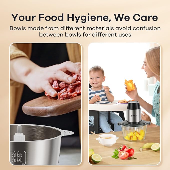 GANIZA Food Processors, Electric Food Chopper with Meat Grinder & Vegetable Chopper - 2 Bowls (8 Cup+8 Cup) with Powerful 450W Copper Motor - Includes 2 Sets of Bi-Level Blades for Fruits/Meat/Nuts