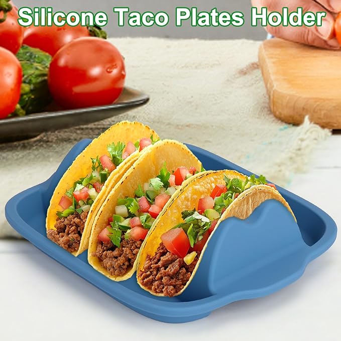 Juome Upgraded Silicone Taco Holder 2 Packs - Reusable Taco Plates with Dividers, Taco Rack Holders Stand for Hard/Soft Taco Shell Holder, Taco Party Serving Tray Plates, Dishwasher & Microwave Safe
