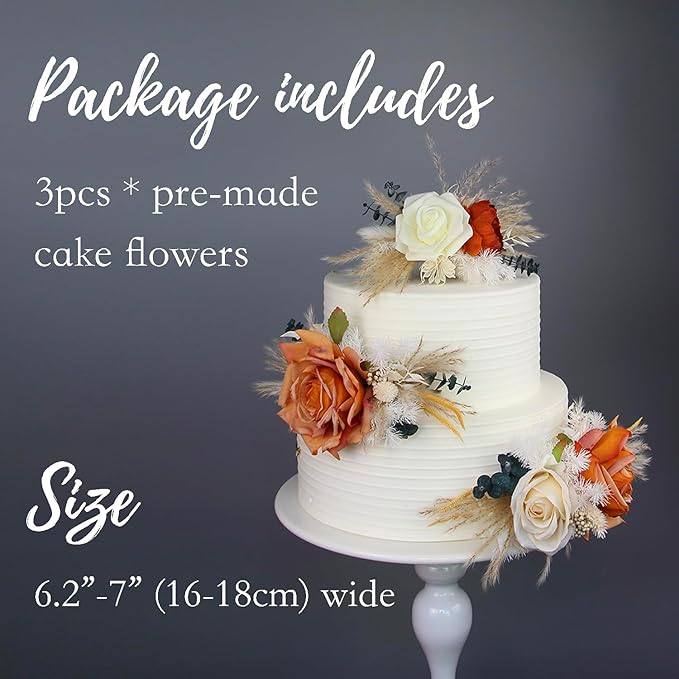 Rinlong 3-Piece Boho Chic Cake Toppers: Terracotta & Beige Silk & Dried Eucalyptus Flowers for Weddings, Birthdays, Baptisms & More