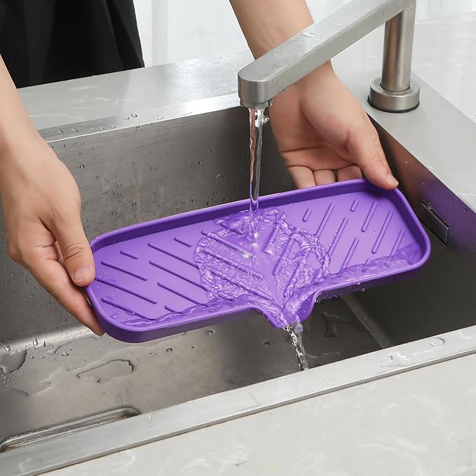 Silicone Bathroom Soap Dishes with Drain Spout-Bathroom and Kitchen Sink Organizer,Sponge Holder,Dish Soap Tray,Perfect for Dispenser,Scrubber,Bottle,Cup on Sink or Counter-Purple 12"×4"