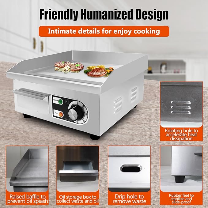 14" Commercial Electric Griddle,Electric Countertop Flat Top Griddle,110V 1500W Electric Flat Top Grill,Non-Stick Restaurant Teppanyaki Stainless Steel Grill,Adjustable Temperature Control