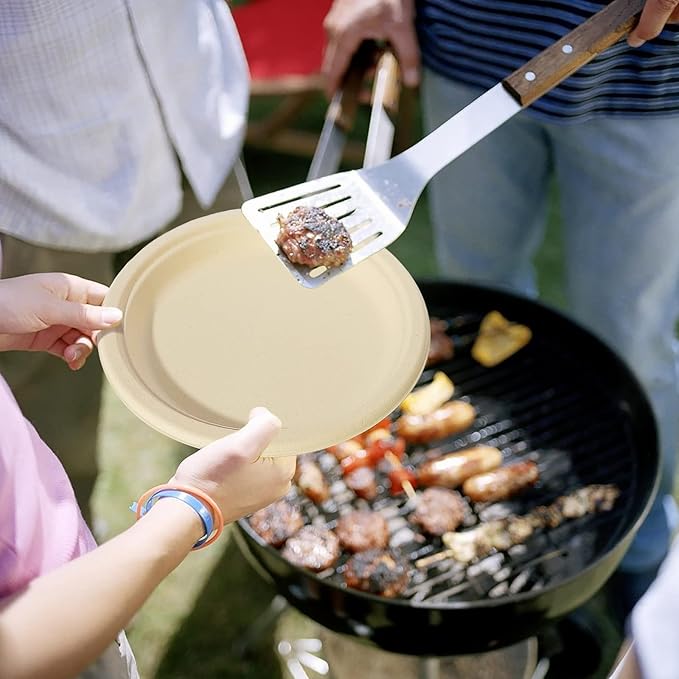 Paper Plates 9 inch, 150 Pack Compostable Paper Plates, Eco Friendly Disposable Plates, Brown Paper Plates Heavy Duty, Sturdy Paper Plates for Everyday, Biodegradable Plates