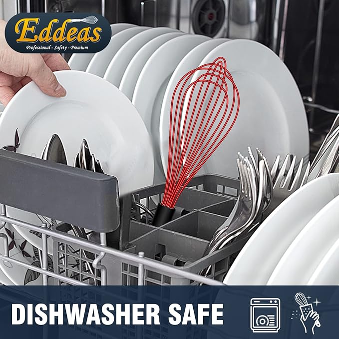 Silicone Whisk, Eddeas Stainless Steel & Silicone Non-Stick Coated Whisks set of 3-Heat Resistant (450°F) Kitchen Whisks Perfect for Blending, Whisking, Beating & Stirring, Red