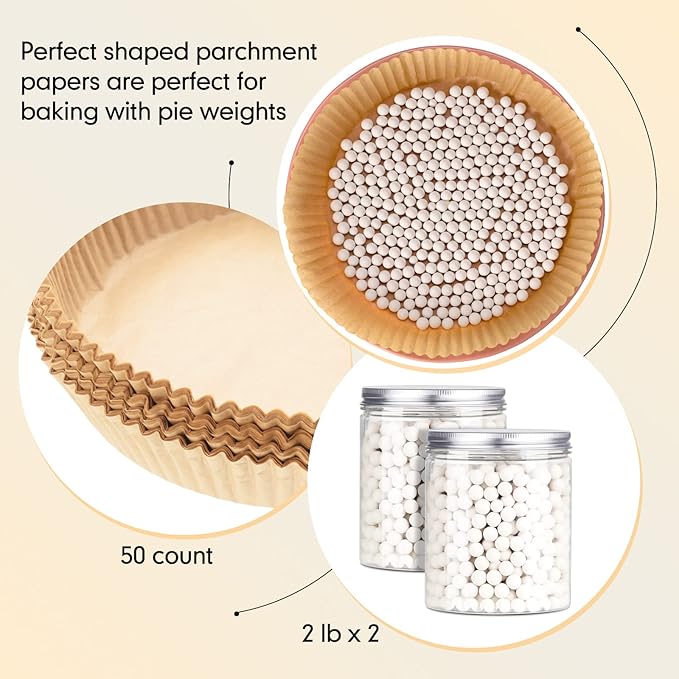 2 Pack White 2 lb Pie Weights for Baking Crust Ceramic Weights Blind Baking Beads with 50 Pcs Disposable Parchment Paper Pie Liner Fit 8,9,10 Inch Dish