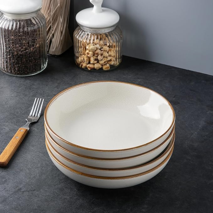 AmorArc 8.5'' Large Pasta Bowls, 36oz Ceramic Salad Serving Bowls Set of 4 for Kitchen, Wide Stoneware Bowls for Pasta,Salad,Fruit,Bread, Microwave Safe, Reactive-Pearl White