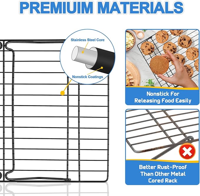 P&P CHEF 3-Tier Cooling Rack Set, Stackable Stainless Steel Baking Cooling Roasting Cooking Racks for Cake, Pastry, Bread, Meat, Bacon, Collapsible & Thick Wire, Oven Safe, 15" x10", Black