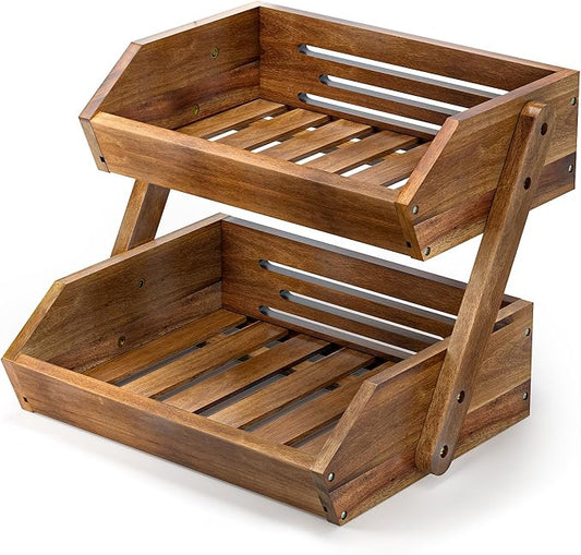 G.a HOMEFAVOR Fruit Basket: 2-Tier Acacia Wood Fruit Bowl for Kitchen, Fruit Stand Storage Holder for Vegetables and Snack Home Kitchen Countertop Organizer (Self-assembly)