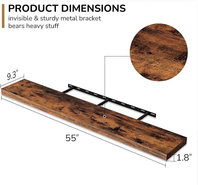 Fun Memories 55 Inch Floating Shelves - 9 Inch Deep Rustic Wooden Wall Shelves - Extra Deeper & Thicker Wall Mounted Storage Shelf for Living Room, Kitchen, Farmhouse - 55" W x 9" D x 1.8" H - Brown