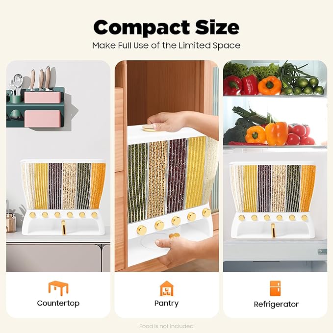 Food Storage Containers with 6 Divisions,Wall mounted 6 Grid Beans Dispenser,22Lbs Cereal Containers for Storing Flour & Sugar & Rice & Cereals & Nuts & Beans & Coffee