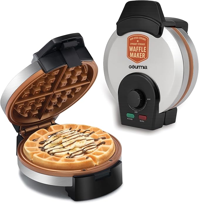 Gourmia Belgian Waffle Maker – Nonstick Waffle Ceramic Coating Plates with Browning Control &Indicator Lights to Make Thick Fluffy Waffles from Light to Dark - Compact, Quick Heat Up, Upright Storage