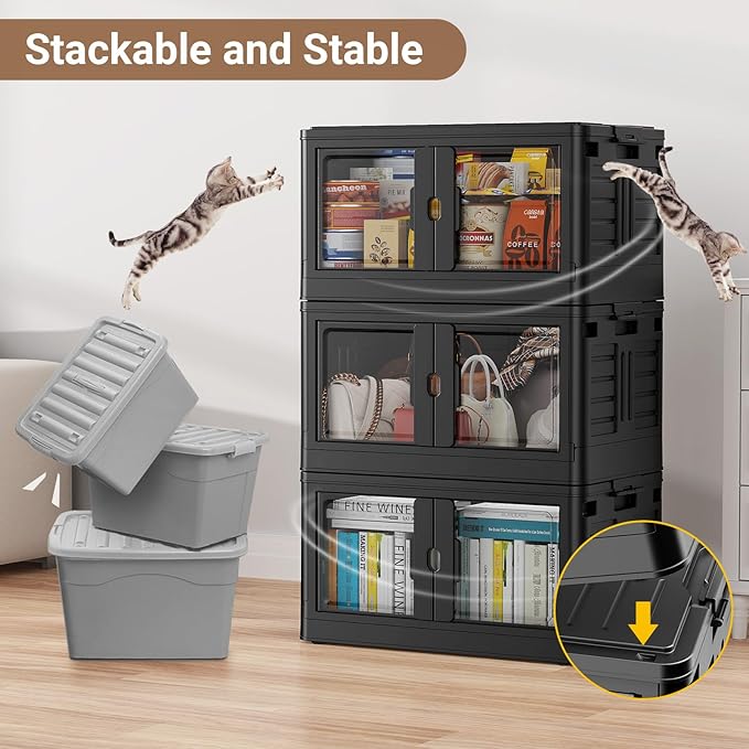 115Qt Stackable Storage Bins with Individual Lids & Wheels, Large Plastic Collapsible Latching Boxes Closet Organizers and Storage Cabinet Shelves Units for Home Kitchen Dorm, 1-Pack Black