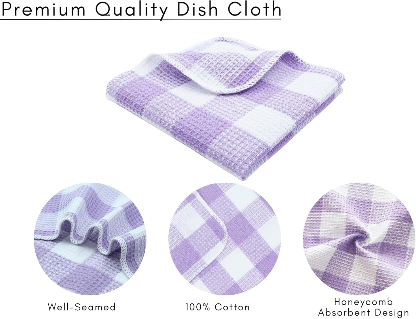Waffle Weave Plaid Dish Cloths, 100% Cotton - 12 x 12 Inches, Ultra Soft Absorbent Quick Drying Dish Towels Buffalo Check Dish Rags for Kitchen, 6 Pack - Spring Summer - Lavender and White