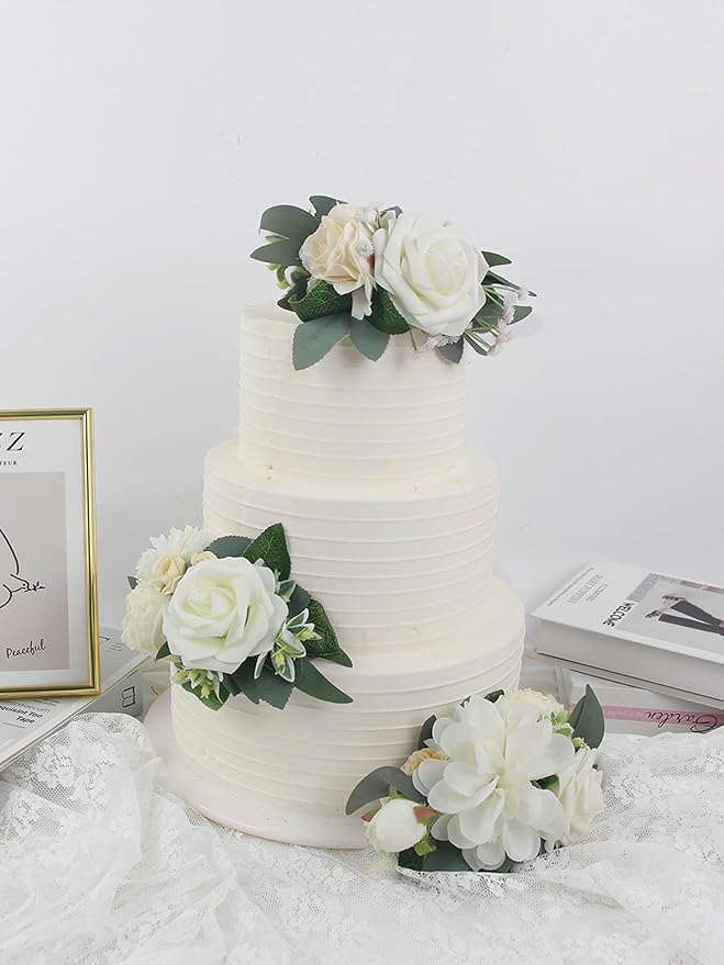 Rinlong 3Pcs Pre-made Cake Flowers Toppers White Green Cake Decorations Wedding Cake Decorating Flowers Decor Birthday Baptism Party Cake Topper