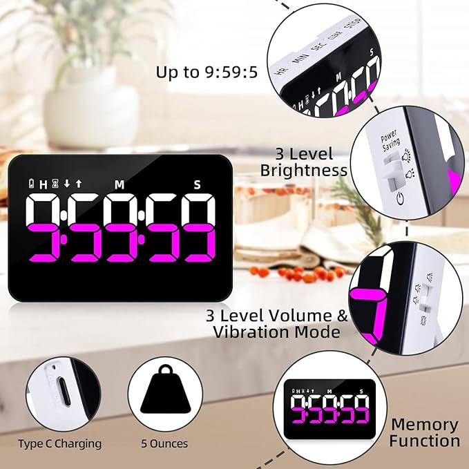 Kitchen Digital Timer, Count Down Up, Rechargeable, Vibration Mode Adjustable Volume and Brightness LED Display, Time Management Cook, Desk, Kids Adults Study Teaching, Kitchen Gadgets