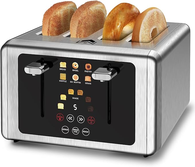 4 Slice Toaster, Touchscreen & Dual Independent Control Panel，5 Basic Functions & Digital Countdown Toasters, 6 Shade Settings＆6 Bread Types, Smart Bread Maker Mute/Screen-Off,Platinum