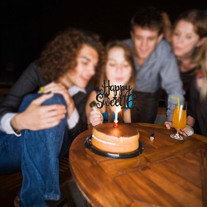 Gyufise 1Pc Happy Sweet 16 Cake Topper Glitter 16th Birthday Cake Pick for Cheers to 16 Years Old 16th Birthday Party Cake Decorations Supplies Black