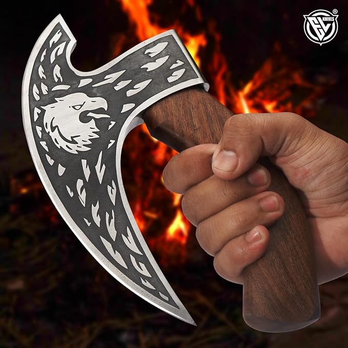Edgelandknives® Multipurpose Viking Pizza Axe with Sheath, Viking Butcher Axe, Viking Pizza Cutter Axe - Rosewood Handle & Engraved Head - Perfect for Cutting Pizza, Meat, Vegetables
