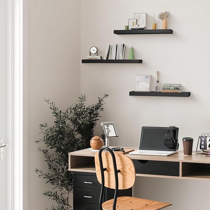 Colima Floating Shelves for Wall Black Wood Wall Shelf for Bedroom, 24 Inch Wall Mounted Floating Shelves for Bathroom Living Room Kitchen Office, 1.3" Thick Floating Book Shelves for Wall, Set of 3