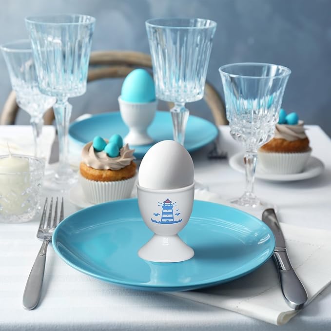 Cinf Ceramic Egg Cup Set of 2 Porcelain Holder Breakfast Boiled Cooking Easy to Clean Childhood Memories Kitchen(Lighthouse Whale)