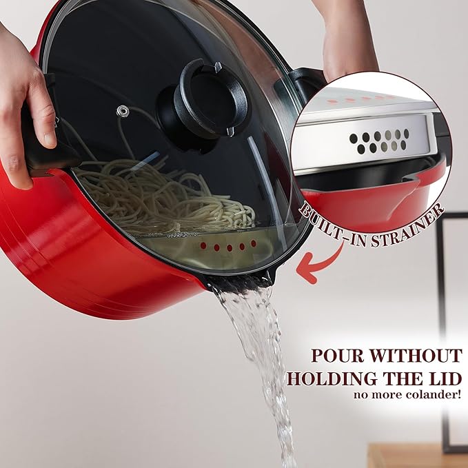 5qt Pasta Pot with Strainer Lid, Cast Aluminum Stockpot Multipot, Nonstick Ceramic Coating make Cleanup easy with Tempered Glass Lid, Dishwasher Safe, Induction, Black (Red, 5 Quarts)
