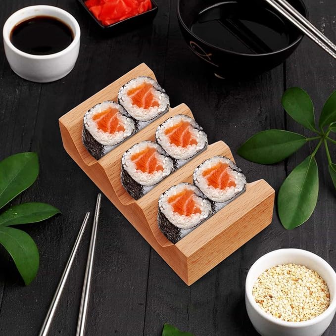 Kichvoe Sushi Holder Wooden Serving Stand: Taco Holder Sushi Rack with 3 Slots - V Shaped Japanese Cuisine Serving Tray for Kitchen Counter Or Dining Table, 5.11 * 2.87 * 1.69inch