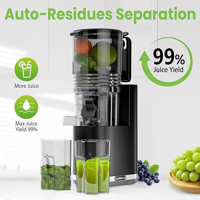 Cold Press Juicer, Masticating Slow Juicers, 6.5" Extra Large Feed Chute Juicers Machines, 350W Juicer Machines with High Juice Yield for Whole Vegetables & Fruits, BPA Free, Black, Easy to Clean