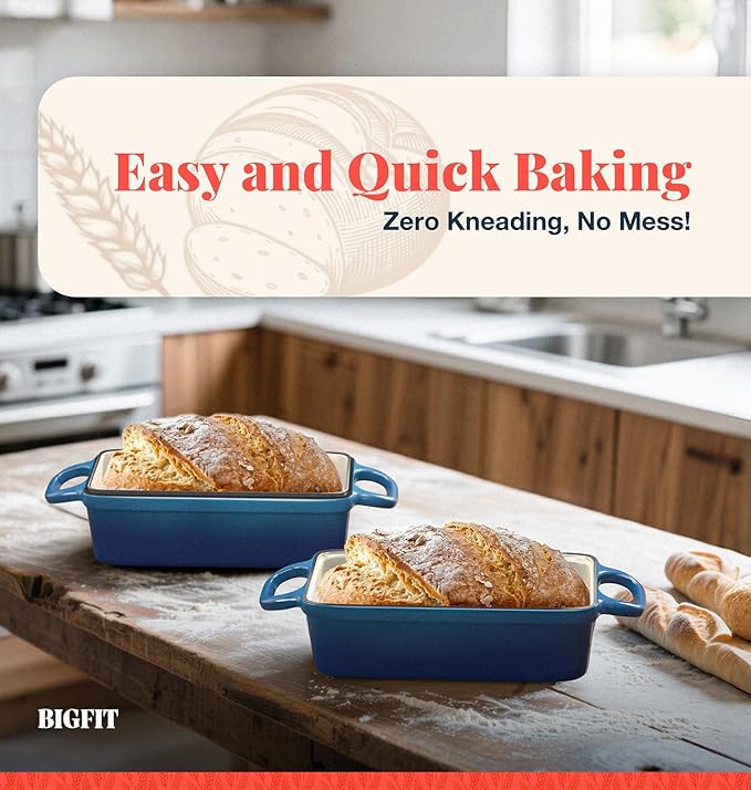 2 IN 1 Cast Iron Bread Loaf Pan with Lid, 3.4QT 9x5 Inch Dutch Oven for Bread Baking, Even Heating Bread Oven, Enameled Bread Pan for Homemade Sourdough Bread Baking & Versatile Cooking, Blue