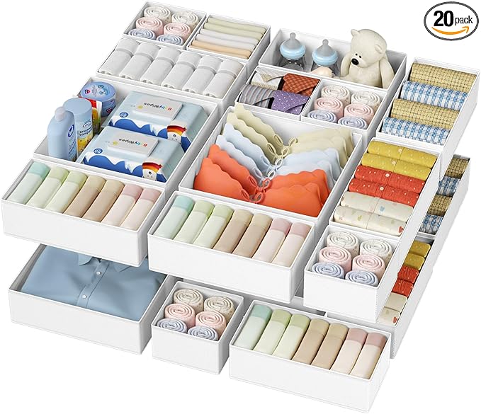 DIMJ Drawer Organizer Clothes - 20 Pack Closet Drawer Organizer Bins for Baby Clothes Storage, Fabric Dresser Organizer for Nursery Bedroom, Foldable Small Drawer Dividers for Underwear Socks