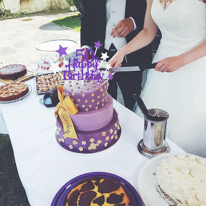 Glittery 50th Happy Birthday Cake Topper with Star,Personalised 50 Birthday Cake Toppers Party Decorations Party Supplies for Men Women Purple Silver