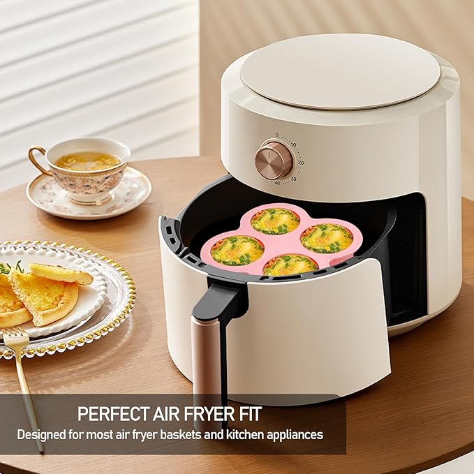 HUIKANGSHENG 2 Pack Air Fryer Egg Bite Molds, 4-Cup Silicone Mini Round Muffin Pans for Oven, Air Fryer & Pot, Reusable Non-Stick Baking Molds (Pink)