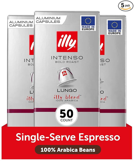 illy Aluminum Espresso Capsules - Compatible with Nespresso Machines - Intenso Lungo Roast Coffee- Bold & Full of Flavor - Notes of Cocoa and Dried Fruit - Single Serve Capsules - 10 Count (Pack of 5)