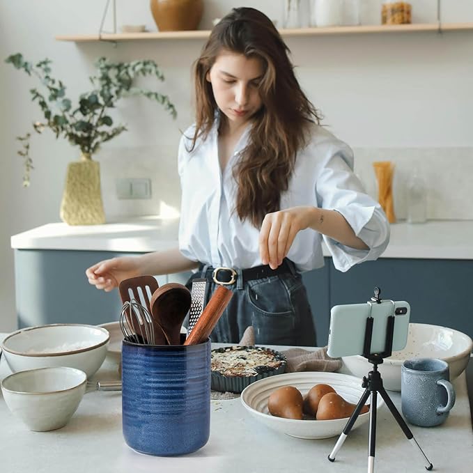 Hasense Utensil Holder, 7.4” + 5.4” Ceramic Cooking Utensil Crock for Kitchen Counter, 2 Pack Utensil Caddy Utensil Organizer for Spatula and Spoon Kitchen Decor, Navy Blue