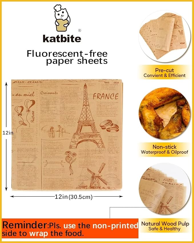 Katbite 100 Pcs Sandwich Wrapping Paper, 12x12 inch Food Basket Liners, Grease Proof & Non-stick Baking Parchment Paper